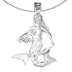 Sterling Silver 3D Mermaid With Shark Pendant (Rhodium or Yellow Gold-plated)