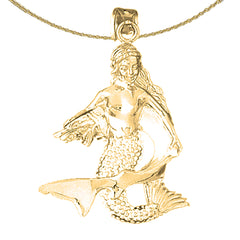 Sterling Silver 3D Mermaid With Shark Pendant (Rhodium or Yellow Gold-plated)