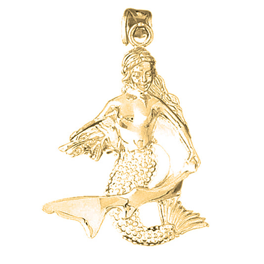 Yellow Gold-plated Silver 3D Mermaid With Shark Pendant