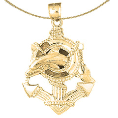 Sterling Silver Anchor And Dolphin Pendant (Rhodium or Yellow Gold-plated)