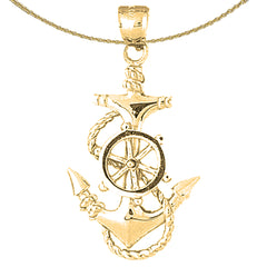 Sterling Silver Anchor And Ships Wheel Pendant (Rhodium or Yellow Gold-plated)