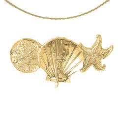 Anhänger „Sanddollar, Seestern, Muschel mit Meerjungfrau“ aus Sterlingsilber (rhodiniert oder gelbvergoldet)
