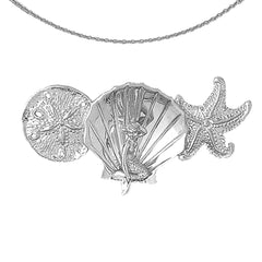 Sterling Silver Sand Dollar, Starfish, Shell With Mermaid Pendant (Rhodium or Yellow Gold-plated)