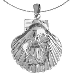 Sterling Silver Shell With Mermaid And Dolphin Pendant (Rhodium or Yellow Gold-plated)