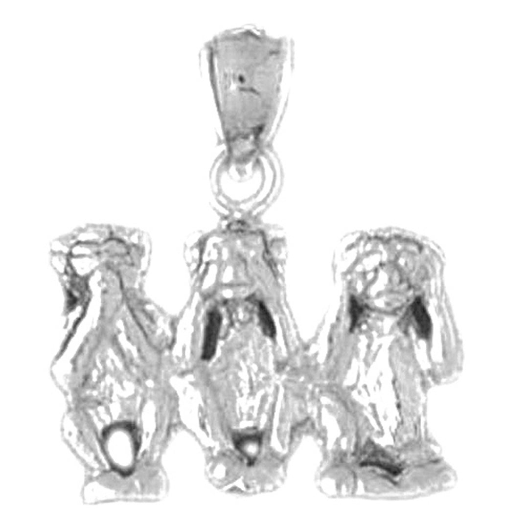 Sterling Silver 3D Monkey - Hear, See, and Speak No Evil Pendant