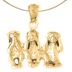 Sterling Silver 3D Monkey - Hear, See, and Speak No Evil Pendant (Rhodium or Yellow Gold-plated)