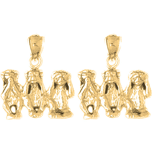 Yellow Gold-plated Silver 20mm 3D Three Wise Monkey
