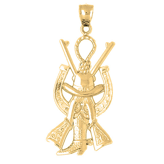 Yellow Gold-plated Silver Cowboy Hat, Horse Shoe, Noose, And Guns Pendant