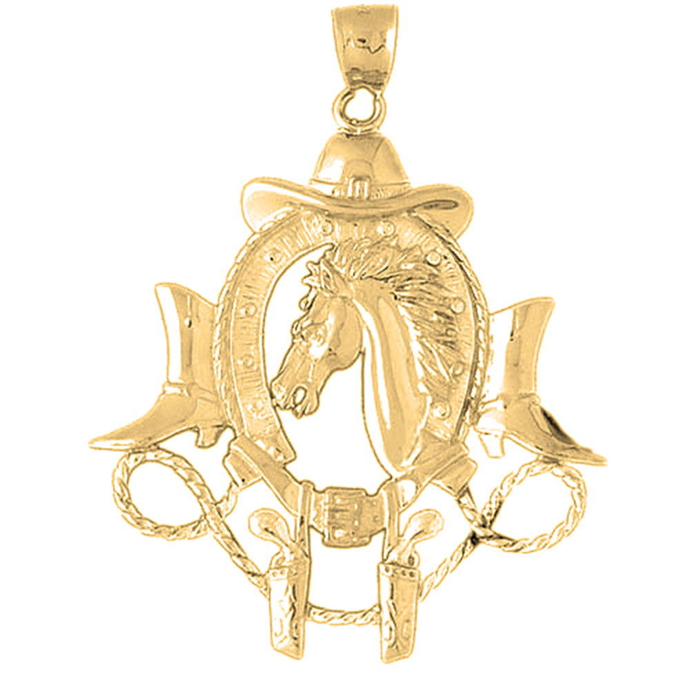 Yellow Gold-plated Silver Cowboy Hat, Horse Shoe, Guns, And Horse Head Pendant