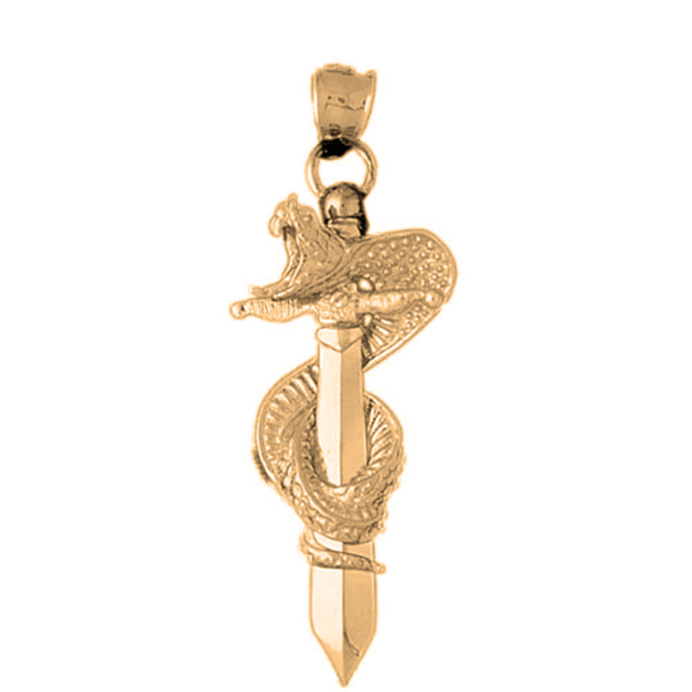 10K, 14K or 18K Gold 3D Cobra Wrapped Around Sword Pendant