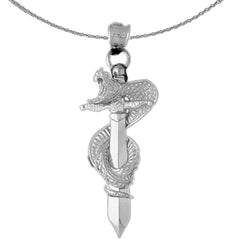 Sterling Silver 3D Cobra Wrapped Around Sword Pendant (Rhodium or Yellow Gold-plated)