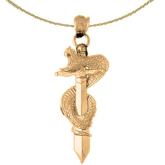 Sterling Silver 3D Cobra Wrapped Around Sword Pendant (Rhodium or Yellow Gold-plated)