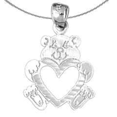 Sterling Silver Teddy Bear With Heart Pendant (Rhodium or Yellow Gold-plated)