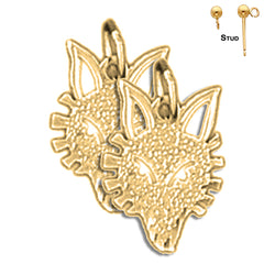 Sterling Silver 15mm Wolf Earrings (White or Yellow Gold Plated)