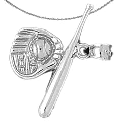 Sterling Silver Baseball Mit, Ball, And Bat Pendant (Rhodium or Yellow Gold-plated)