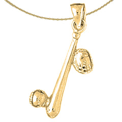 Sterling Silver 3D Baseball Bat, Mitt, And Ball Pendant (Rhodium or Yellow Gold-plated)