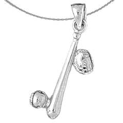 Sterling Silver 3D Baseball Bat, Mitt, And Ball Pendant (Rhodium or Yellow Gold-plated)