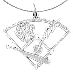 Sterling Silver Baseball Diamond With Bat And Ball Pendant (Rhodium or Yellow Gold-plated)