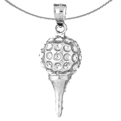 Sterling Silver Golf Ball On Tee Pendant (Rhodium or Yellow Gold-plated)