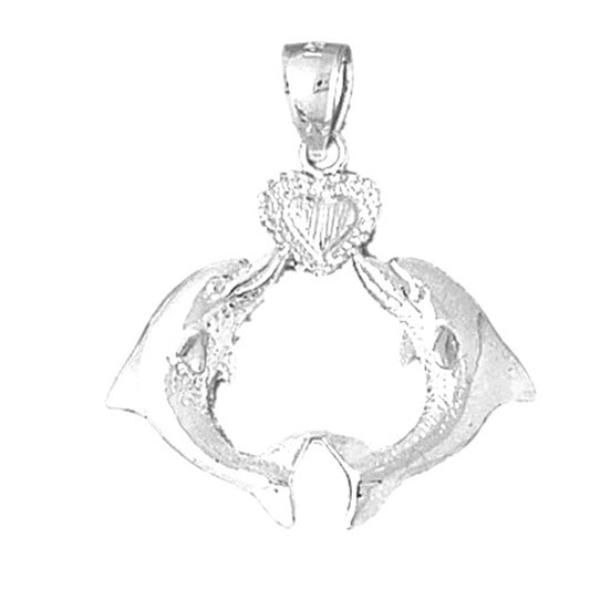 Sterling Silver Dolphins With Heart Pendant