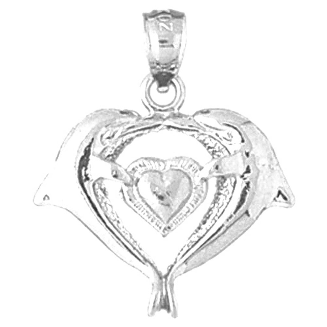 Sterling Silver Dolphins With Heart Pendant