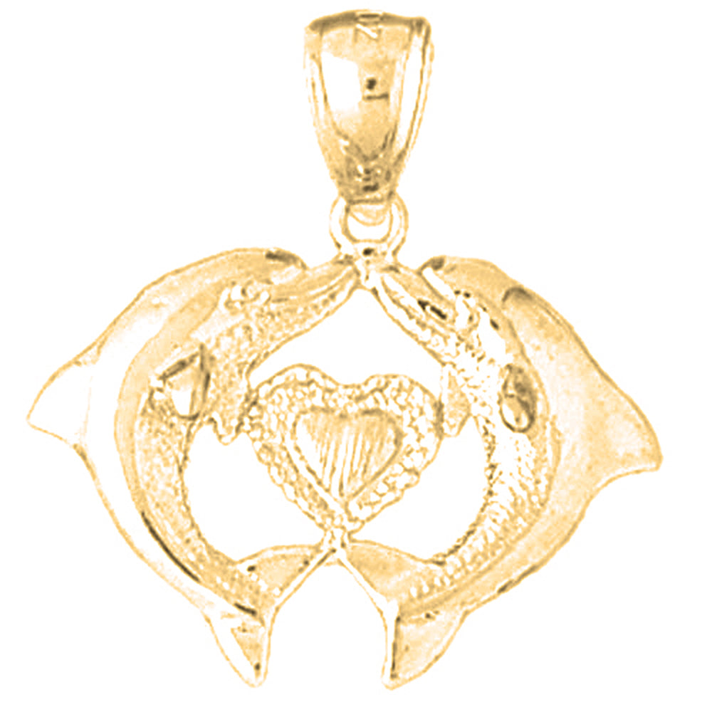 Yellow Gold-plated Silver Dolphins With Heart Pendant