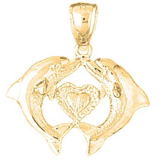 Yellow Gold-plated Silver Dolphins With Heart Pendant