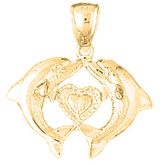 Yellow Gold-plated Silver Dolphins With Heart Pendant