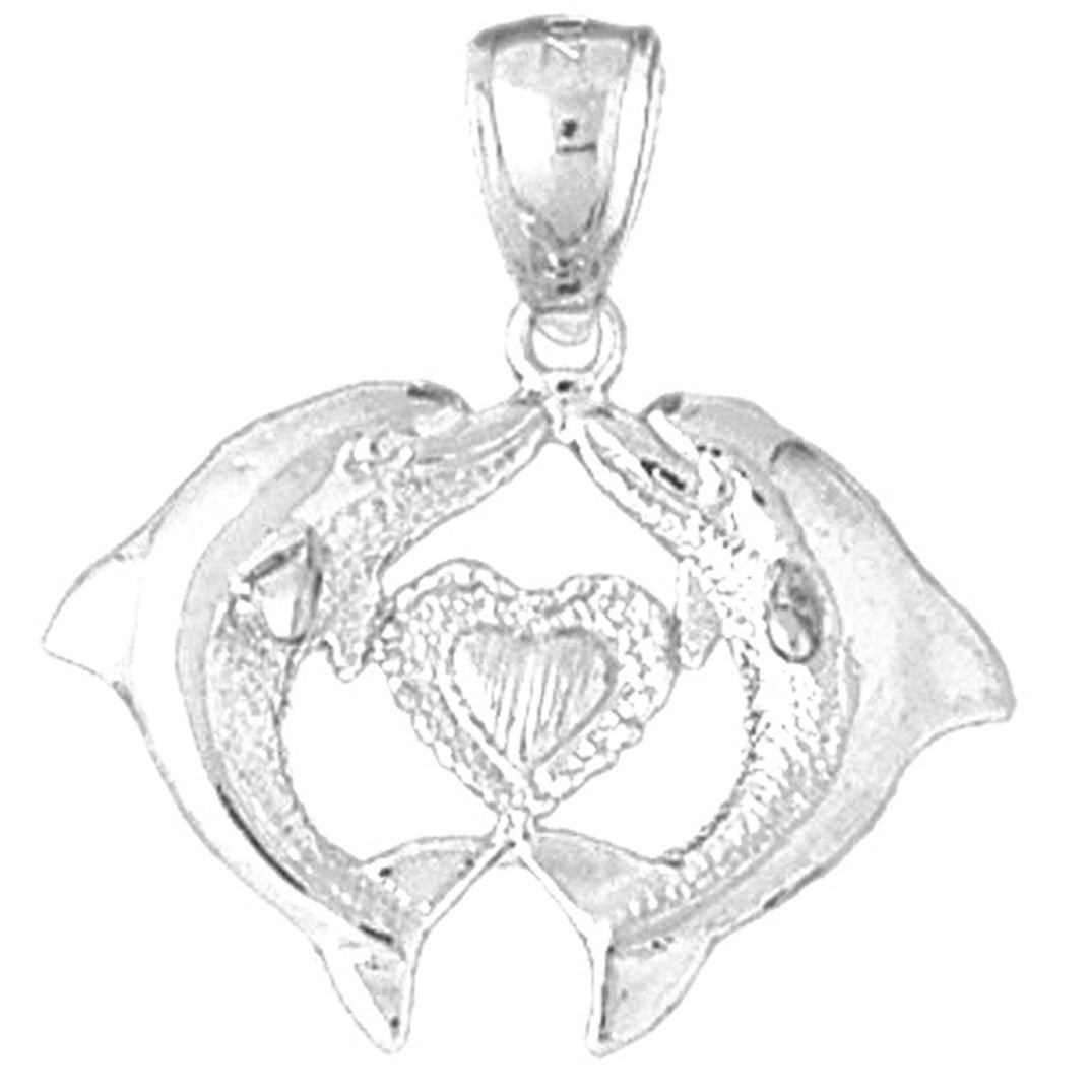 Sterling Silver Dolphins With Heart Pendant