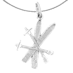 Sterling Silver 3D Set Of Skis Pendant (Rhodium or Yellow Gold-plated)