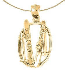 Sterling Silver 3D Set Of Skis Pendant (Rhodium or Yellow Gold-plated)