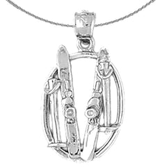 Sterling Silver 3D Set Of Skis Pendant (Rhodium or Yellow Gold-plated)