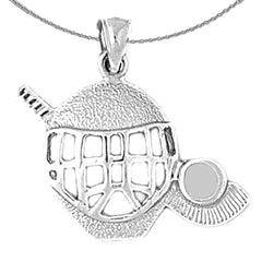 Sterling Silver Hockey Mask With Stick And Puck Pendant (Rhodium or Yellow Gold-plated)