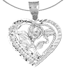 Sterling Silver Heart And Rose Pendant (Rhodium or Yellow Gold-plated)