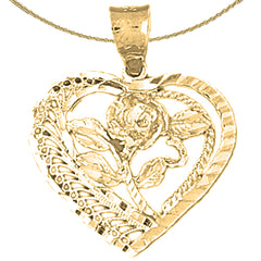 Sterling Silver Heart And Rose Pendant (Rhodium or Yellow Gold-plated)