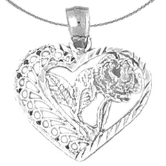 Sterling Silver Heart And Rose Pendant (Rhodium or Yellow Gold-plated)