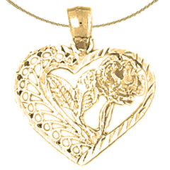 Colgante de corazón y rosa de plata de ley (bañado en rodio o oro amarillo)