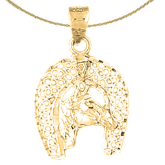 Sterling Silver Horseshoe And Horse Pendant (Rhodium or Yellow Gold-plated)