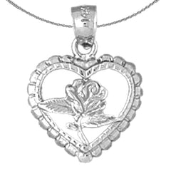 Sterling Silver Heart With Rose Pendant (Rhodium or Yellow Gold-plated)