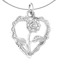 Sterling Silver Heart With Rose Pendant (Rhodium or Yellow Gold-plated)