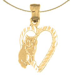 Sterling Silver Heart With Cat Pendant (Rhodium or Yellow Gold-plated)