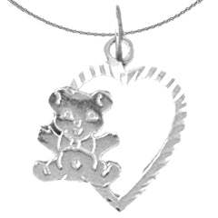 Sterling Silver Heart With Teddy Bear Pendant (Rhodium or Yellow Gold-plated)