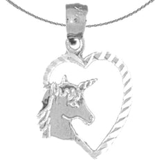 Colgante de corazón con unicornio de plata de ley (bañado en rodio o oro amarillo)