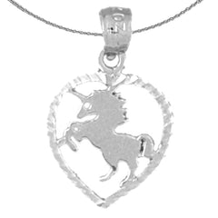 Colgante de corazón con unicornio de plata de ley (bañado en rodio o oro amarillo)