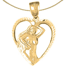Sterling Silver Heart With Mermaid Pendant (Rhodium or Yellow Gold-plated)