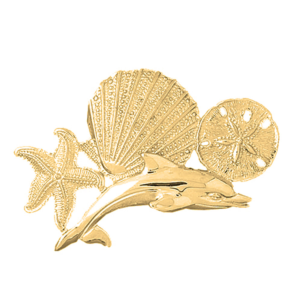 Yellow Gold-plated Silver Dolphins, Starfish, Shell And Sand Dollar Pendant