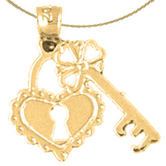 Sterling Silver Heart Lock And Key Pendant (Rhodium or Yellow Gold-plated)