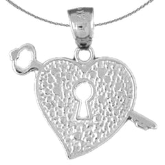 Sterling Silver Heart Lock And Key Pendant (Rhodium or Yellow Gold-plated)