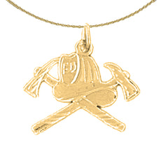 Sterling Silver Ax And Fireman's Helmet Pendant (Rhodium or Yellow Gold-plated)