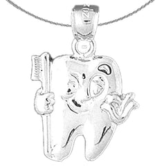 Sterling Silver Tooth With Toothbrush Pendant (Rhodium or Yellow Gold-plated)